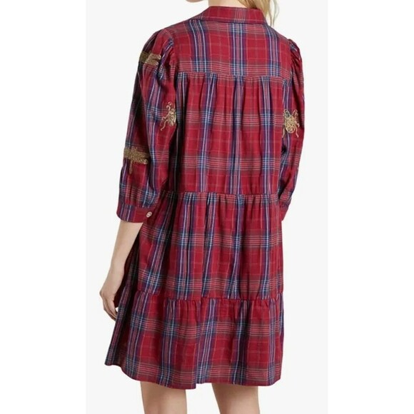 Desigual Women's Red Plaid Embroidered Babydoll Flowy Mini Dress Size Small - Picture 2 of 8